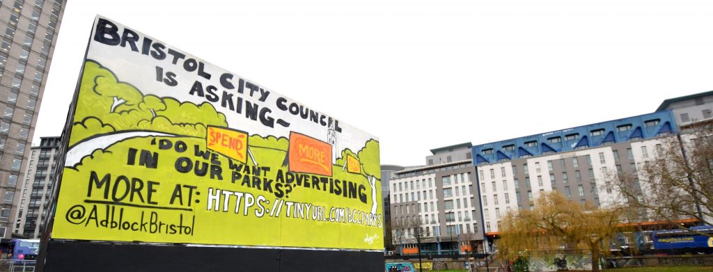 Bristol City Council asks Do we want advertising in our parks? PRSC Cube painting by object... Jan 2018 for Adblock Bristol