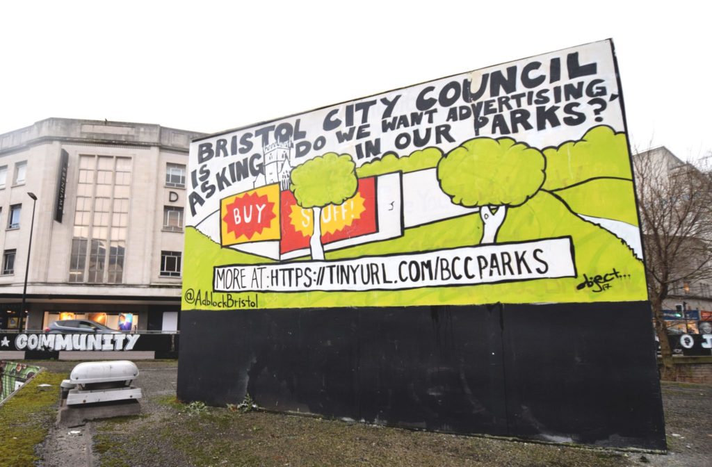 Bristol City Council asks Do we want advertising in our parks? PRSC Cube painting by object... Jan 2018 for Adblock Bristol